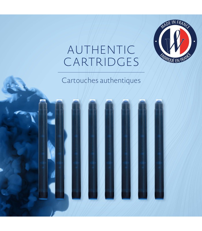 Waterman Fountain Pen Refill Ink Cartridges | Long Standard | Mysterious Blue | 8 Count