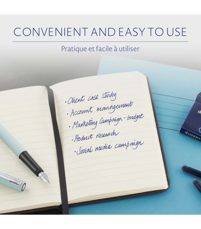 Waterman Fountain Pen Refill Ink Cartridges | Long Standard | Mysterious Blue | 8 Count