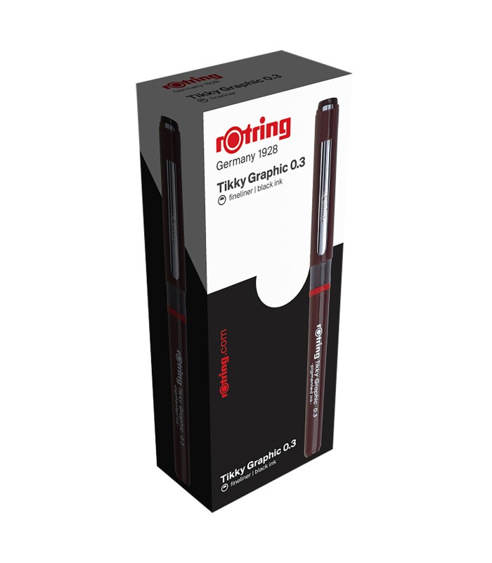 rOtring Tikky Graphic Fibre Tip Pen | 0.30 mm | Black Ink | Burgundy Barrels | Box of 12