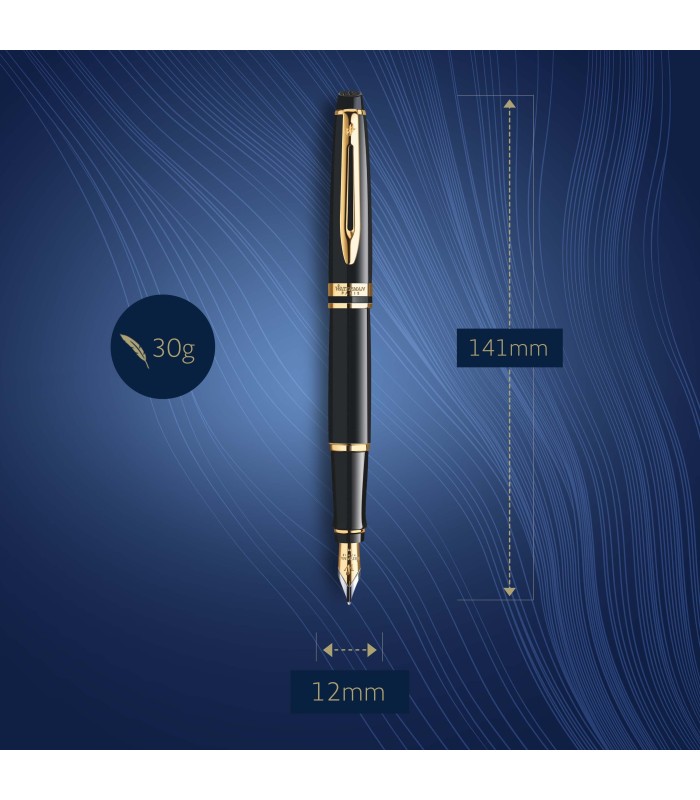 Waterman Expert Fountain Pen | Gloss Black with 23k Gold Trim | Fine Nib | Gift Box