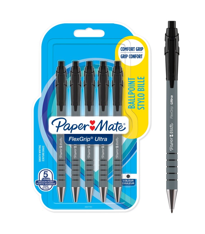 Paper Mate FlexGrip Ultra Retractable Ballpoint Pens | Medium Point (1.0mm) | Black | 5 Count
