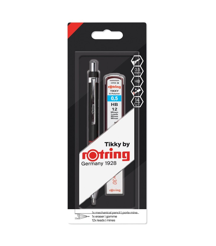 rOtring Tikky Colour-Coded Mechanical Pencil Set | 0.5 mm | with 12 Lead Refills & Eraser