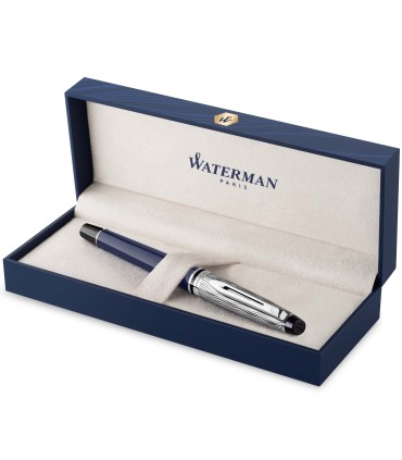 Waterman Expert Fountain Pen | Metal & Blue Lacquer | Chiselled Cap | Stainless Steel Fine Nib | Blue Ink | Gift Box