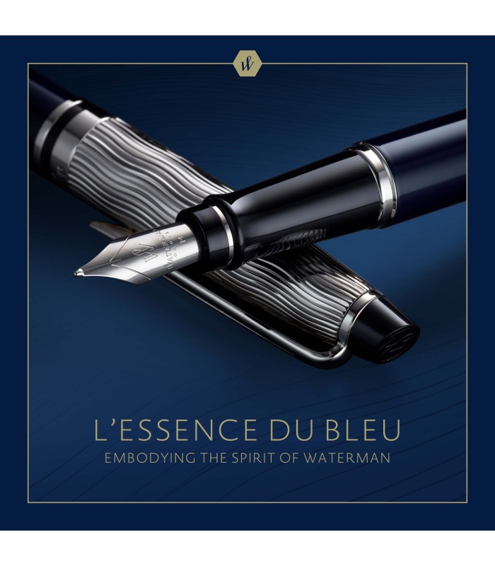 Waterman Expert Fountain Pen | Metal & Blue Lacquer | Chiselled Cap | Stainless Steel Fine Nib | Blue Ink | Gift Box