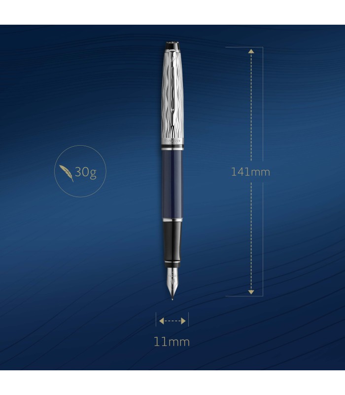 Waterman Expert Fountain Pen | Metal & Blue Lacquer | Chiselled Cap | Stainless Steel Fine Nib | Blue Ink | Gift Box