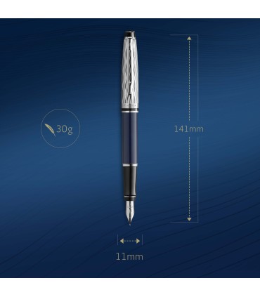 Waterman Expert Fountain Pen | Metal & Blue Lacquer | Chiselled Cap | Stainless Steel Fine Nib | Blue Ink | Gift Box