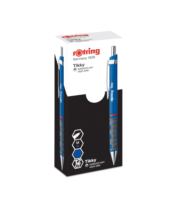 rOtring Tikky Ballpoint Pens | Blue Ink | Medium Point (1.0mm) | Blue Barrel | Lightweight with Rubberised Grip | Box of 12