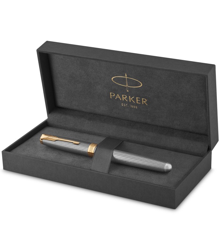 Parker Sonnet Fountain Pen | Chiselled Silver with Gold Trim | Solid 18k Gold Fine Nib | Gift Box