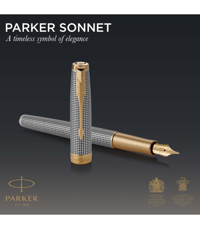 Parker Sonnet Fountain Pen | Chiselled Silver with Gold Trim | Solid 18k Gold Fine Nib | Gift Box