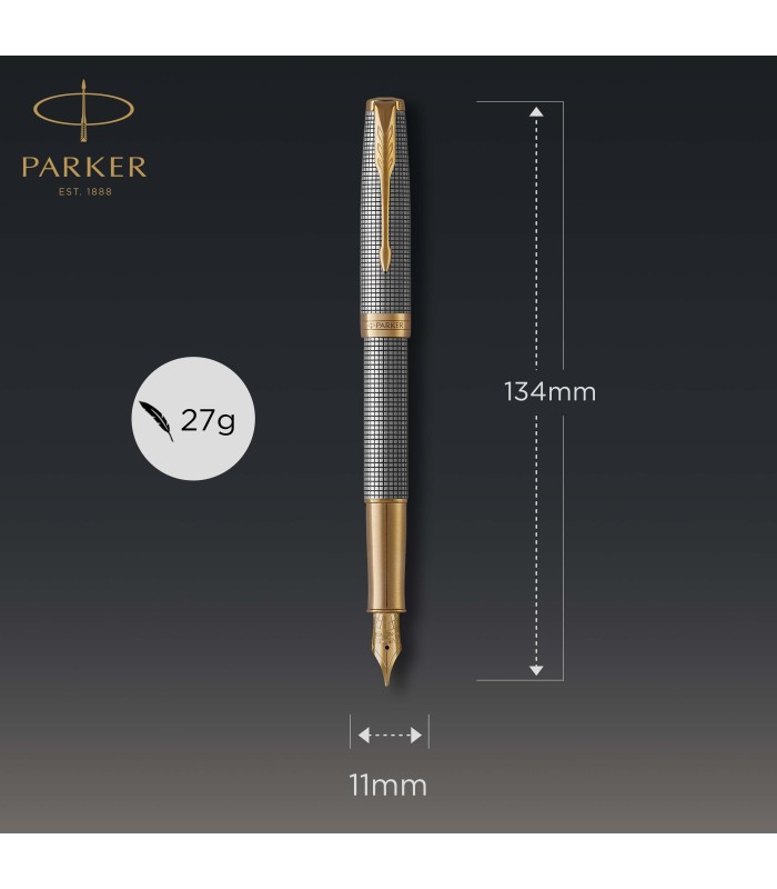 Parker Sonnet Fountain Pen | Chiselled Silver with Gold Trim | Solid 18k Gold Fine Nib | Gift Box