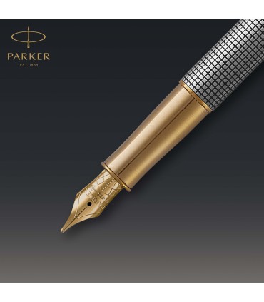 Parker Sonnet Fountain Pen | Chiselled Silver with Gold Trim | Solid 18k Gold Fine Nib | Gift Box