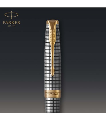 Parker Sonnet Fountain Pen | Chiselled Silver with Gold Trim | Solid 18k Gold Fine Nib | Gift Box