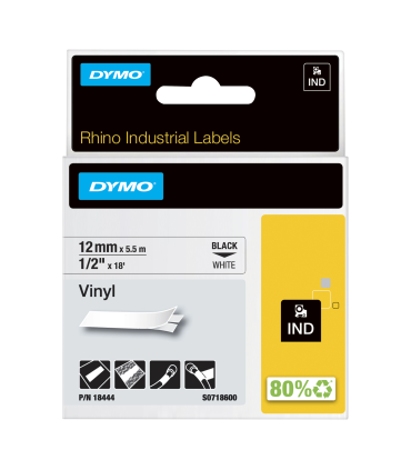 DYMO Rhino Industrial Vinyl Labels | 12 mm x 5.5 m | Black Print on White | Self-Adhesive | for Rhino & LabelManager Label Maker