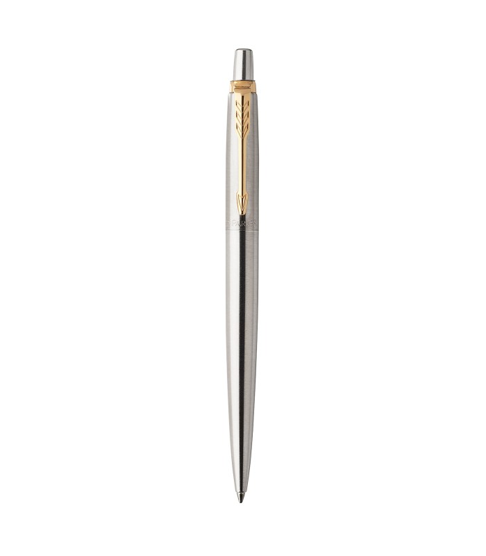 Parker Jotter Ballpoint Pen | Stainless Steel with Golden Trim | Medium Point Blue Ink