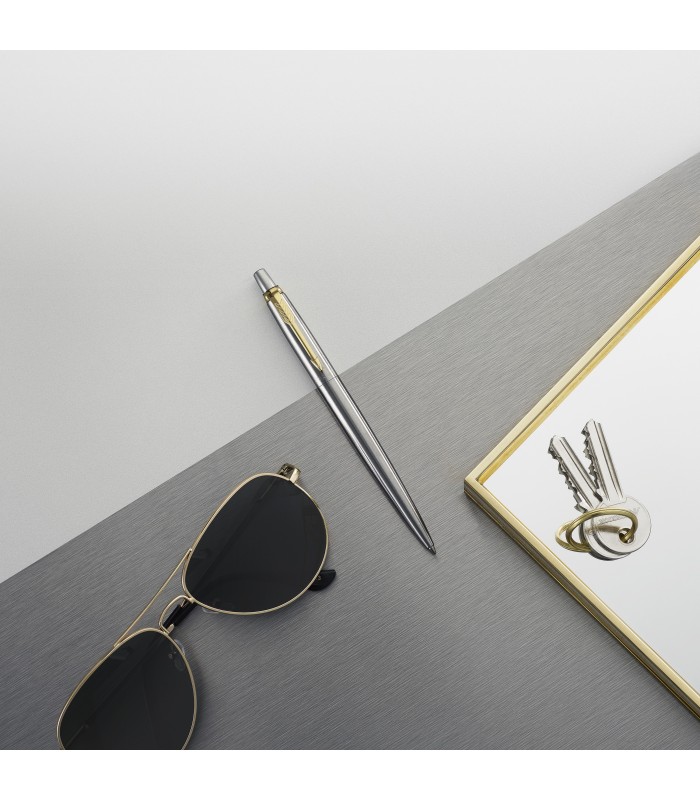 Parker Jotter Ballpoint Pen | Stainless Steel with Golden Trim | Medium Point Blue Ink