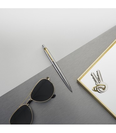 Parker Jotter Ballpoint Pen | Stainless Steel with Golden Trim | Medium Point Blue Ink