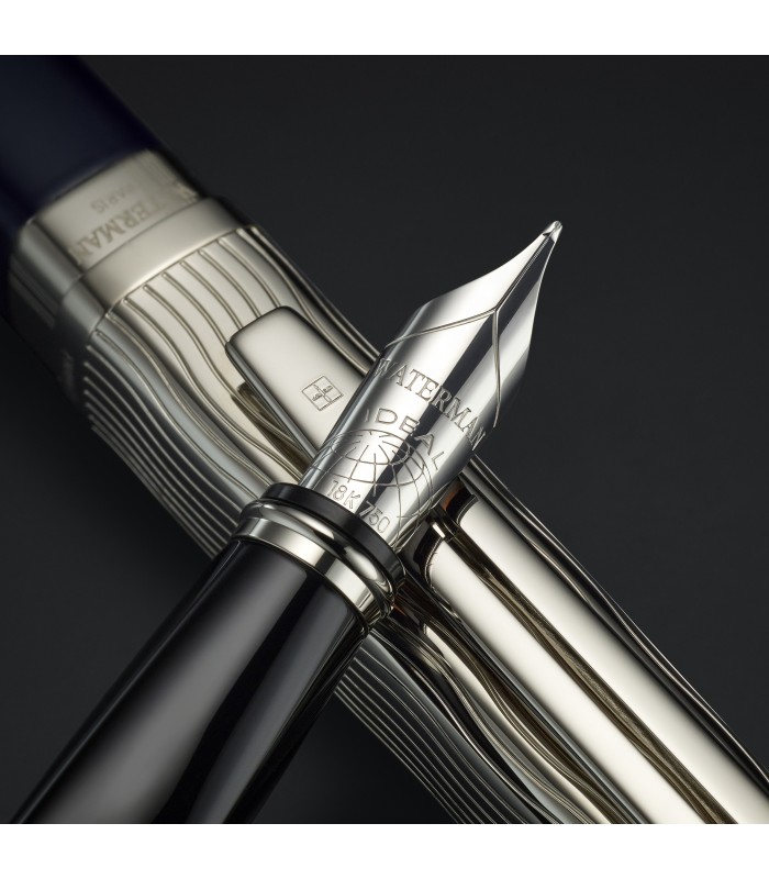 Waterman Exception Fountain Pen | Metal & Blue Lacquer with Palladium Trim and Etched cap | 18K Gold Medium Nib | Gift Box