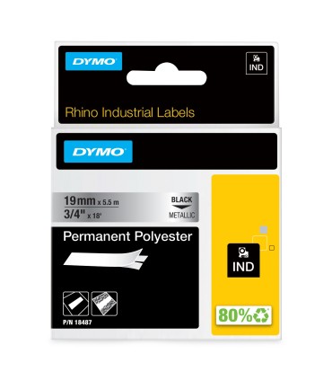 DYMO Rhino Industrial Permanent Polyester Labels | 19 mm x 5.5 m | Black Print on Metallic | Self-Adhesive | for Rhino & LabelMa