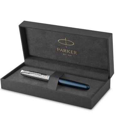 PARKER Sonnet Fountain Pen | Premium Metal and Blue Satin Finish with Chrome Trim | Fine 18k Gold Nib with Black Ink Cartridge |