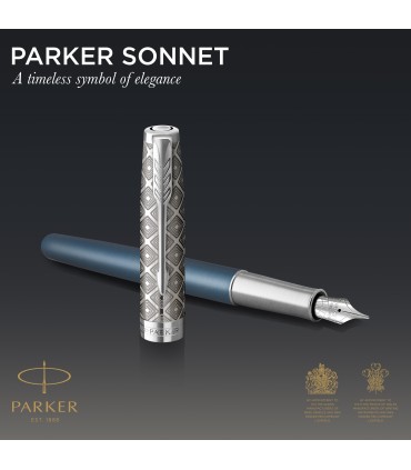 PARKER Sonnet Fountain Pen | Premium Metal and Blue Satin Finish with Chrome Trim | Fine 18k Gold Nib with Black Ink Cartridge |
