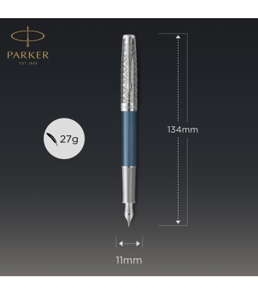PARKER Sonnet Fountain Pen | Premium Metal and Blue Satin Finish with Chrome Trim | Fine 18k Gold Nib with Black Ink Cartridge |