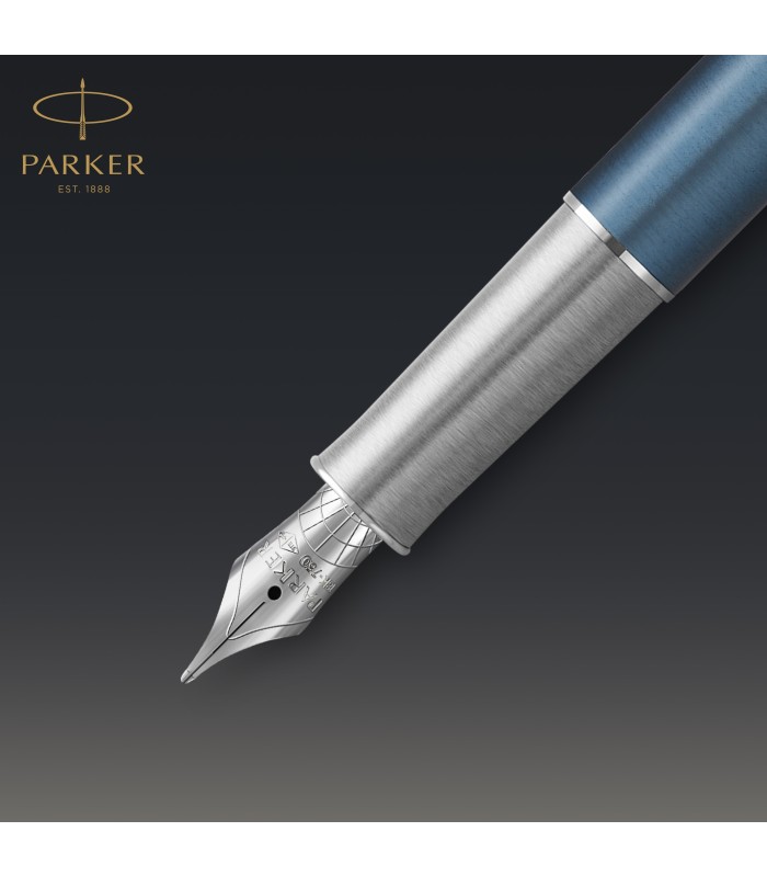 PARKER Sonnet Fountain Pen | Premium Metal and Blue Satin Finish with Chrome Trim | Fine 18k Gold Nib with Black Ink Cartridge |