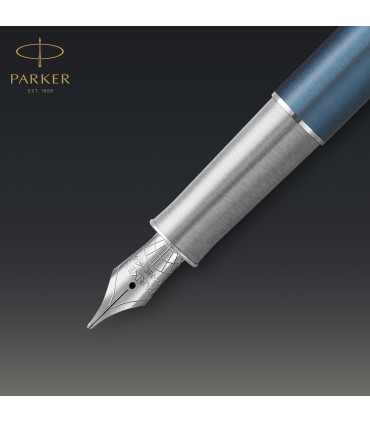 PARKER Sonnet Fountain Pen | Premium Metal and Blue Satin Finish with Chrome Trim | Fine 18k Gold Nib with Black Ink Cartridge |