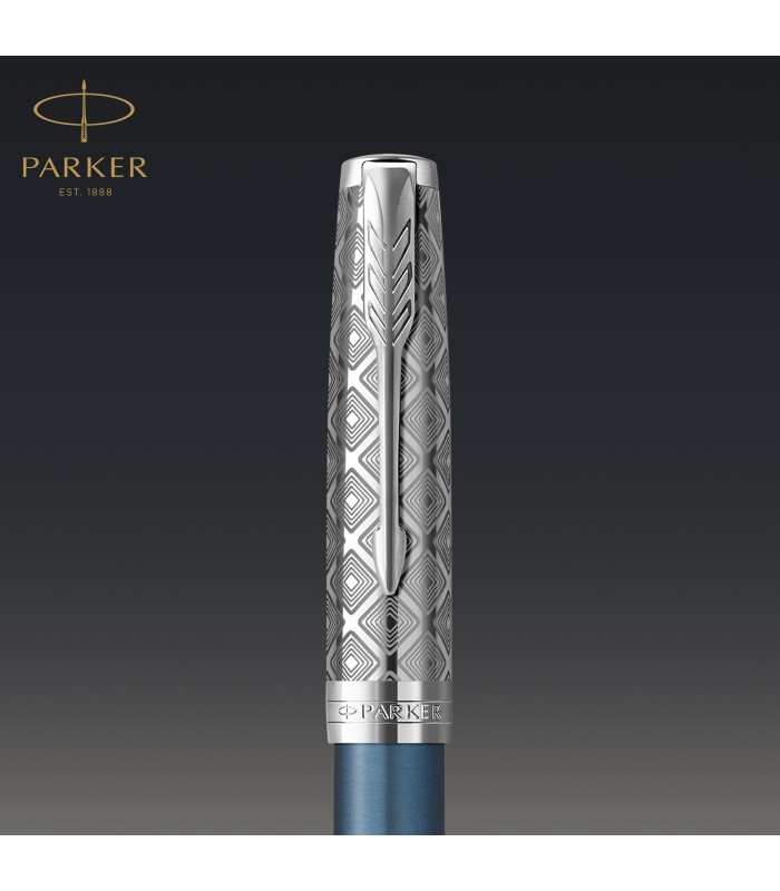 PARKER Sonnet Fountain Pen | Premium Metal and Blue Satin Finish with Chrome Trim | Fine 18k Gold Nib with Black Ink Cartridge |