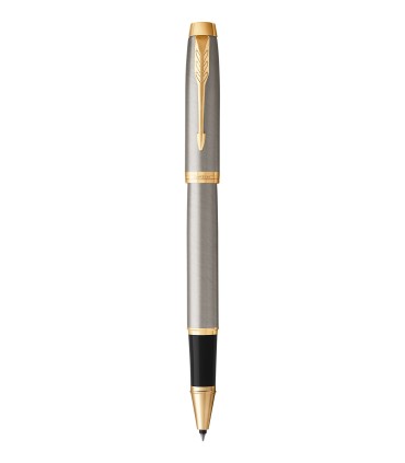 PARKER IM Rollerball, Brushed Metal, Gold trims, fine Point, Black ink Refill - Giftbox