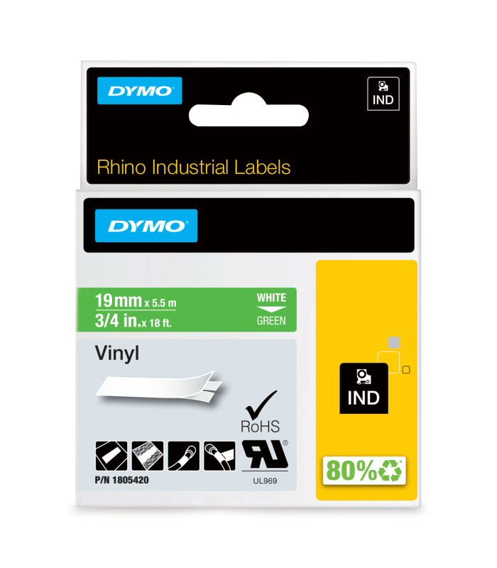 DYMO Rhino Industrial Vinyl Labels | 19 mm x 5.5 m | White Print on Green | Self-Adhesive | for LabelManager & Rhino Label Maker