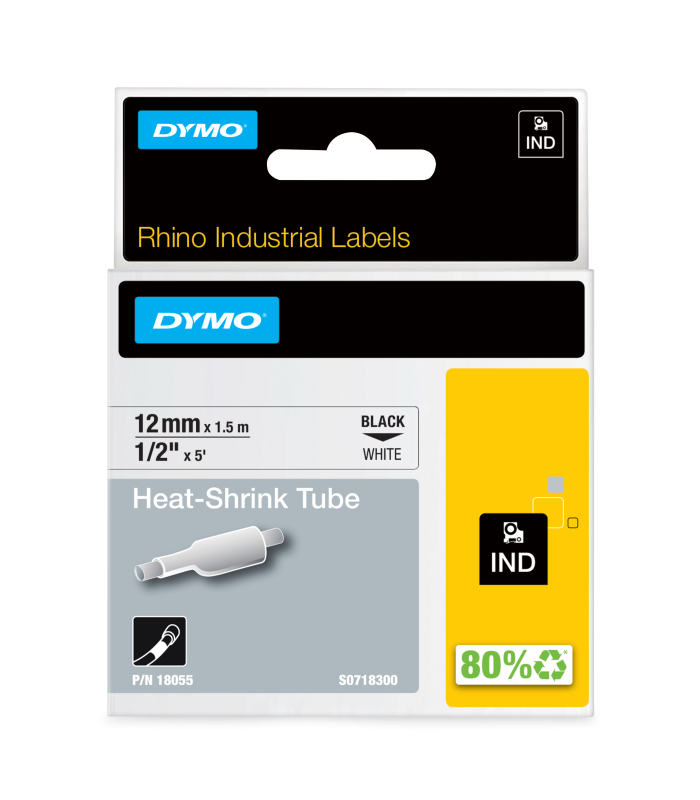 DYMO Rhino Industrial Heat-Shrink Cable Label Tubes | 12mm x 1.5m | Black Print on White | for Rhino Label Makers