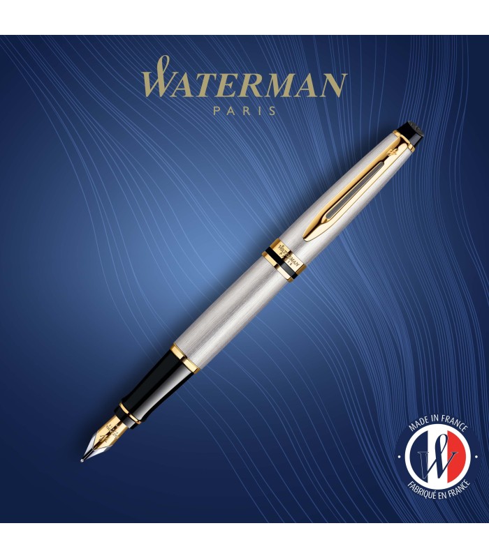 Waterman Expert Fountain Pen | Stainless Steel with 23k Gold Trim | Medium Nib | Gift Box