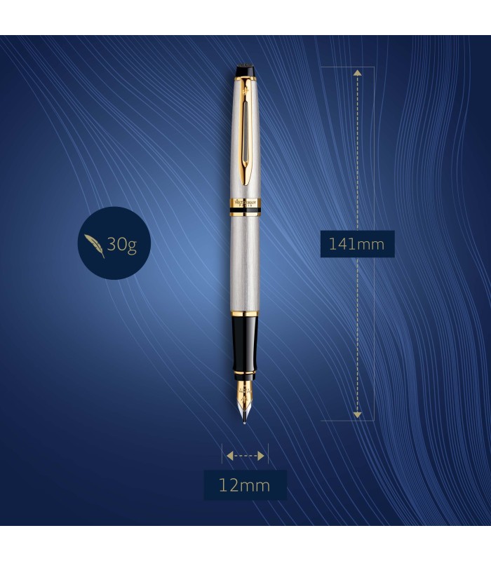Waterman Expert Fountain Pen | Stainless Steel with 23k Gold Trim | Medium Nib | Gift Box
