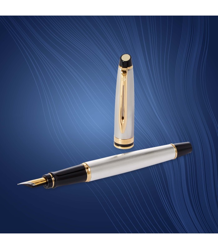 Waterman Expert Fountain Pen | Stainless Steel with 23k Gold Trim | Medium Nib | Gift Box
