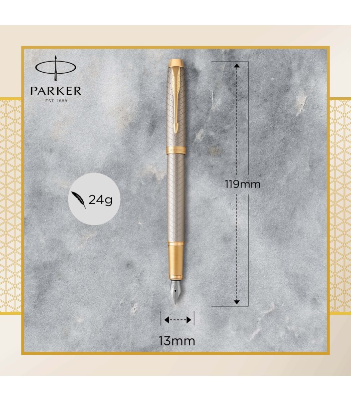 Parker IM Fountain Pen | Premium Warm Silver | Fine Nib with Blue Ink Refill | Gift Box