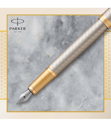 Parker IM Fountain Pen | Premium Warm Silver | Fine Nib with Blue Ink Refill | Gift Box