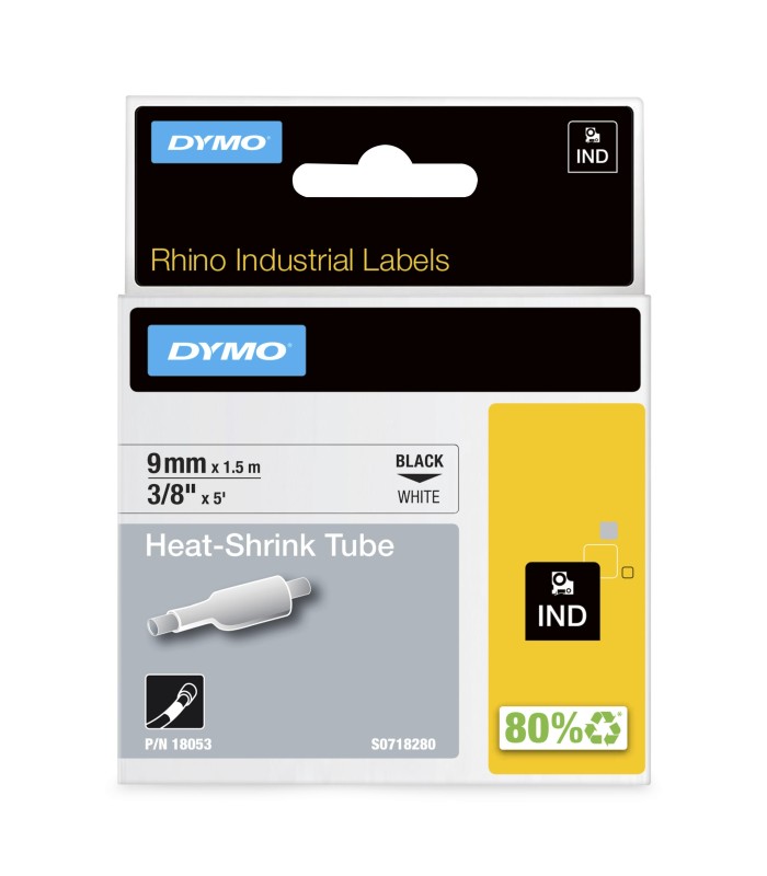 DYMO Rhino Industrial Heat-Shrink Cable Label Tubes | 9 mm x 1.5 m | Black Print on White | for Rhino Label Makers