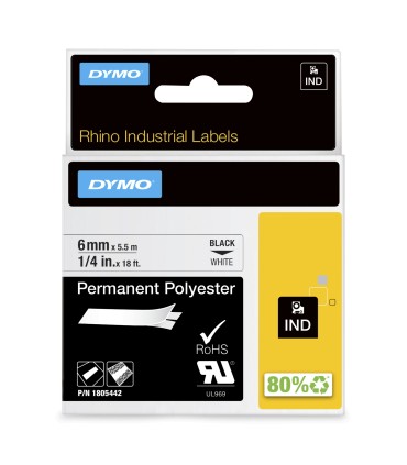 DYMO Rhino Industrial Permanent Polyester Labels | 6 mm x 5.5 m | Black Print on White | Self-Adhesive | for Rhino & LabelManage
