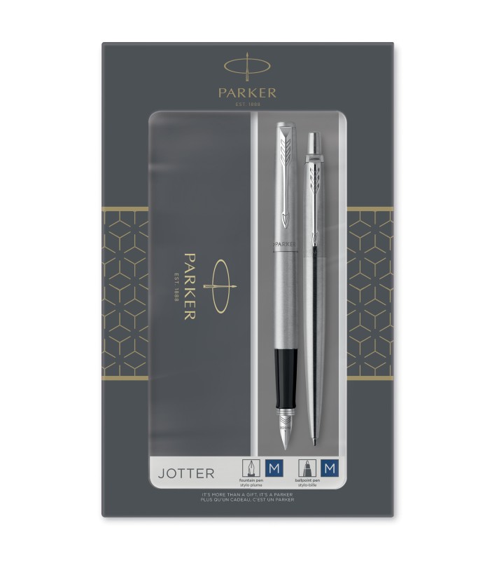 Parker Jotter Duo Gift Set with Ballpoint Pen & Fountain Pen | Stainless Steel with Chrome Trim | Blue Ink Refill & Cartridges |