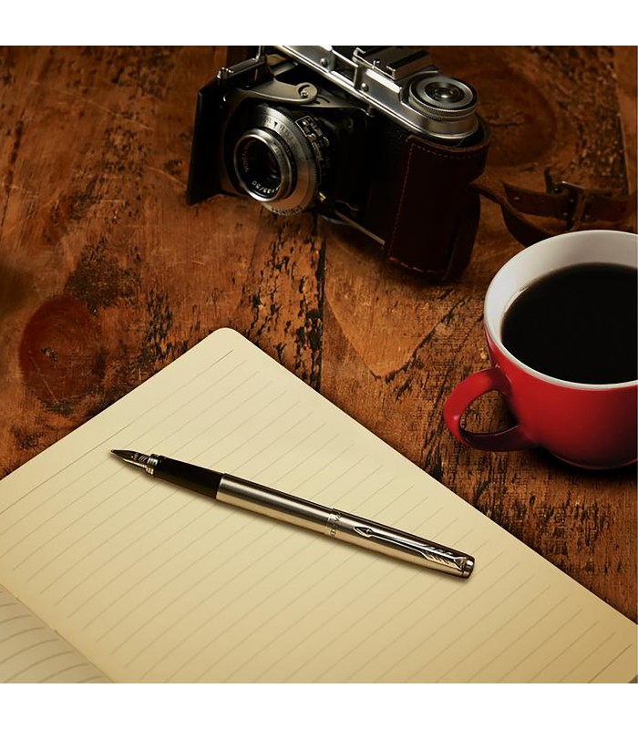 Parker Jotter Duo Gift Set with Ballpoint Pen & Fountain Pen | Stainless Steel with Chrome Trim | Blue Ink Refill & Cartridges |