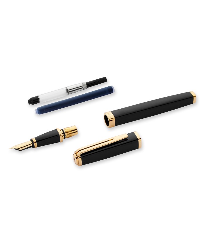 Waterman Exception Fountain Pen | Slim Black with 23k Gold Clip | Medium Nib with Blue Ink Cartridge | Gift Box