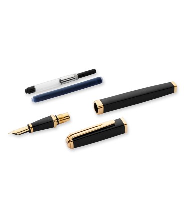 Waterman Exception Fountain Pen | Slim Black with 23k Gold Clip | Medium Nib with Blue Ink Cartridge | Gift Box