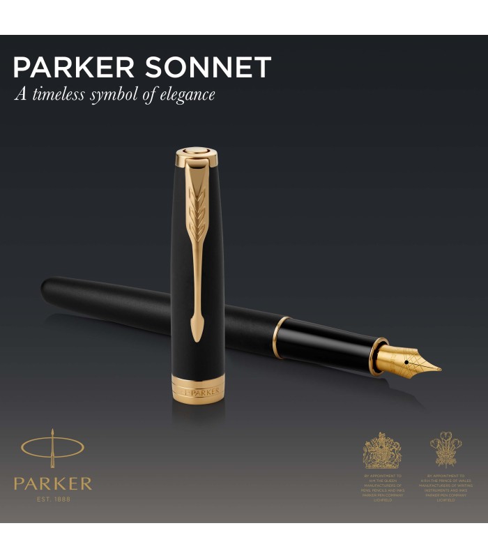 Parker Sonnet Fountain Pen | Matte Black Lacquer with Gold Trim | Fine Nib | Gift Box