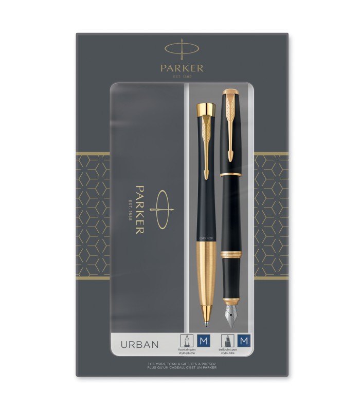 Parker Urban Duo Gift Set with Ballpoint Pen & Fountain Pen | Muted Black with Gold Trim | Blue Ink Refill & Cartridge
