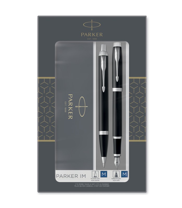 Parker IM Duo Gift Set with Ballpoint Pen & Fountain Pen | Gloss Black with Chrome Trim | Blue Ink Refill & Cartridge | Gift Box