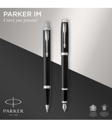 Parker IM Duo Gift Set with Ballpoint Pen & Fountain Pen | Gloss Black with Chrome Trim | Blue Ink Refill & Cartridge | Gift Box