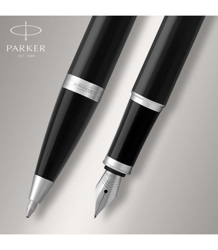 Parker IM Duo Gift Set with Ballpoint Pen & Fountain Pen | Gloss Black with Chrome Trim | Blue Ink Refill & Cartridge | Gift Box