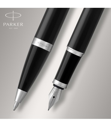 Parker IM Duo Gift Set with Ballpoint Pen & Fountain Pen | Gloss Black with Chrome Trim | Blue Ink Refill & Cartridge | Gift Box