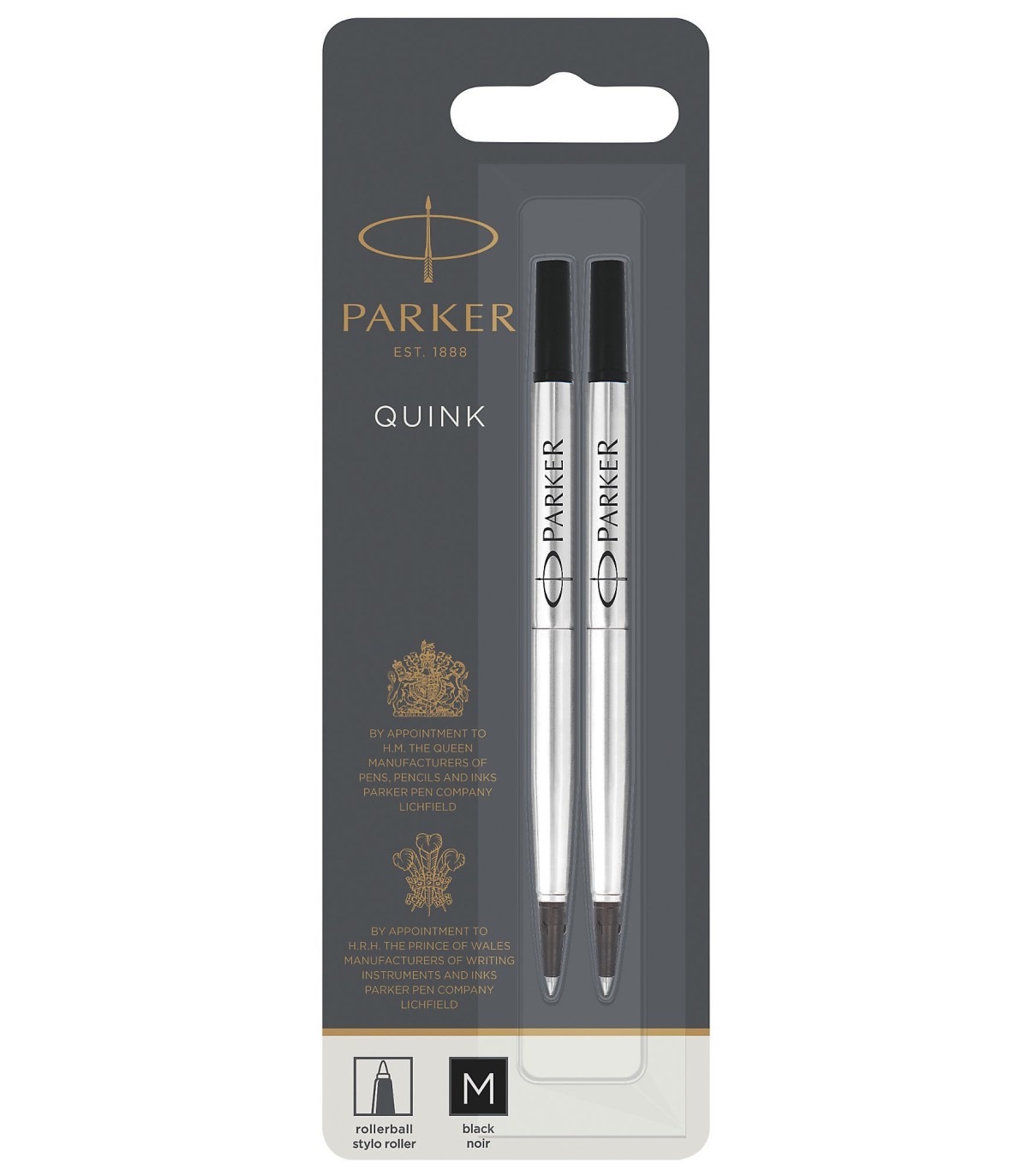 PARKER recharge Stylo Roller, pointe moyenne, noire, blister X 2