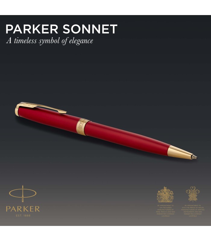 Parker Sonnet Ballpoint Pen | Red Lacquer with Gold Trim | Medium Point Black Ink | Gift Box